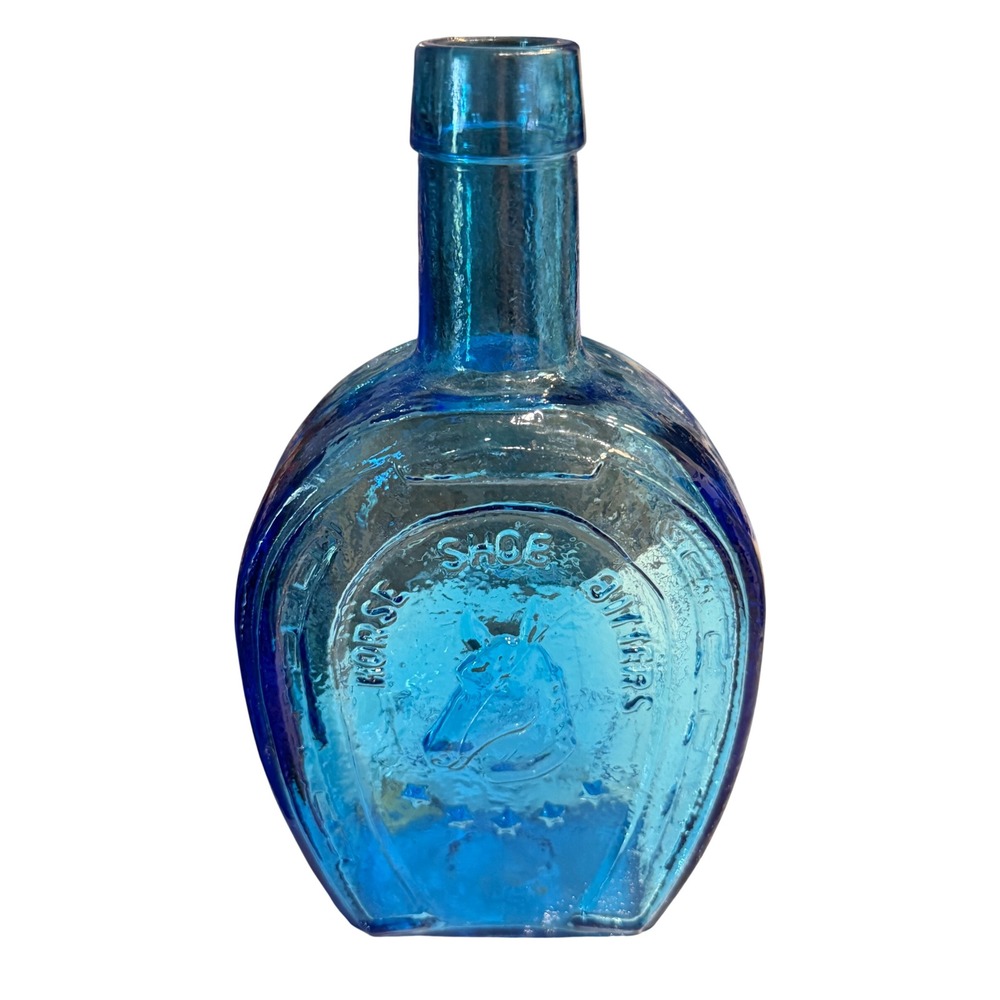 Vintage Wheaton NJ Blue Glass Horse Shoe Bitters Bottle Collinsville ILL 7.75"